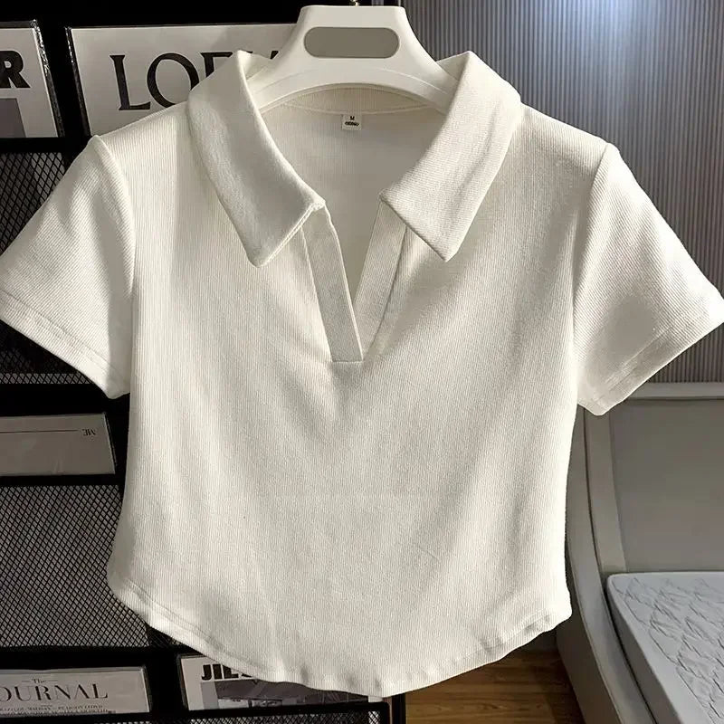 Loves Embroidery T-shirt Polo Collar Orthoshoulder Slim Hotsweet Women's Crop Top Korean Fashion Hottie Simple Casual Wholesale