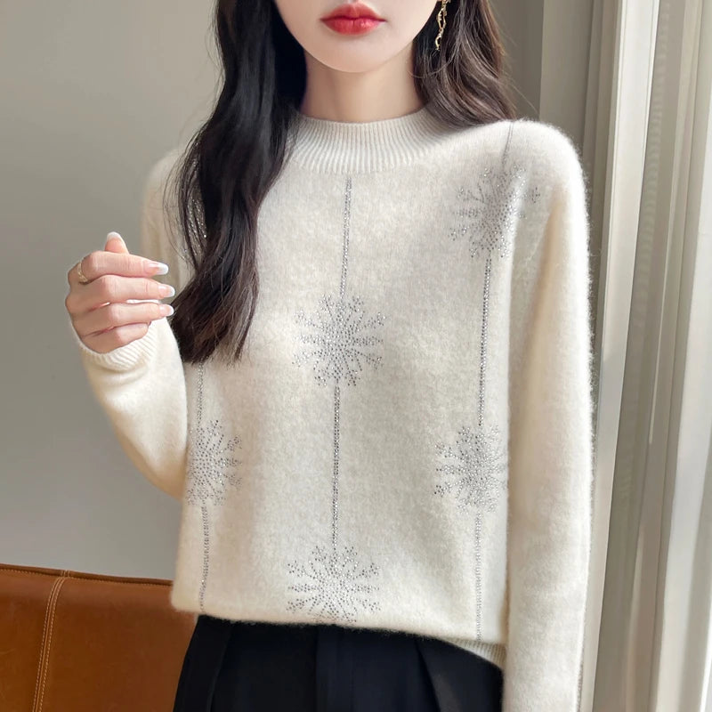 Diamond 100% Merino Wool Sweater 2024 New Women's Fashion Autumn/Winter Warm Hoodie Elegant Half High Collar Jumper Knitted Top