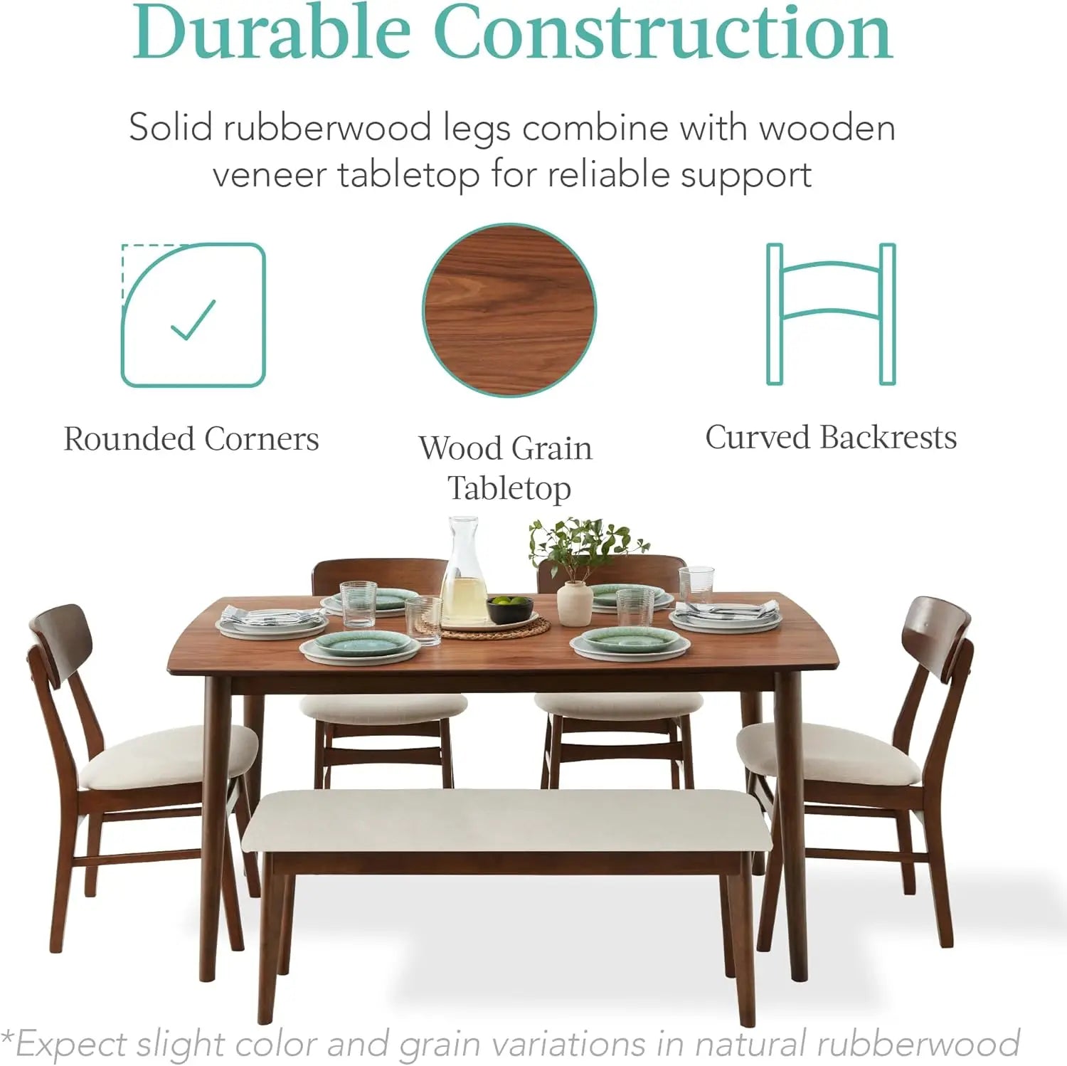 Products 6-Piece Wooden Dining Set, Mid-Century Modern Table & Upholstered Chair Set w/Bench Seat, Rubberwood Legs - Brown