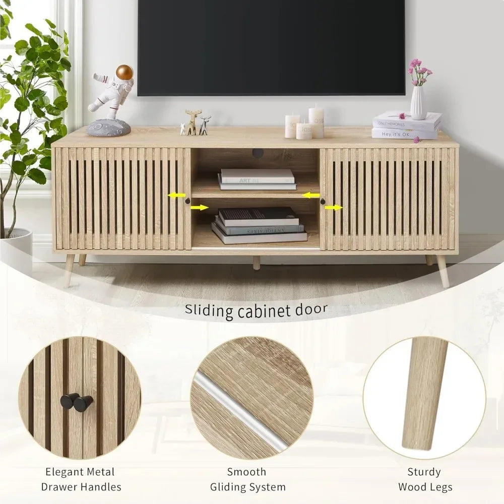 Mid Century Modern TV Stand for Televisions , with Sliding Doors and Storage, Television Stands, TV Consoles,