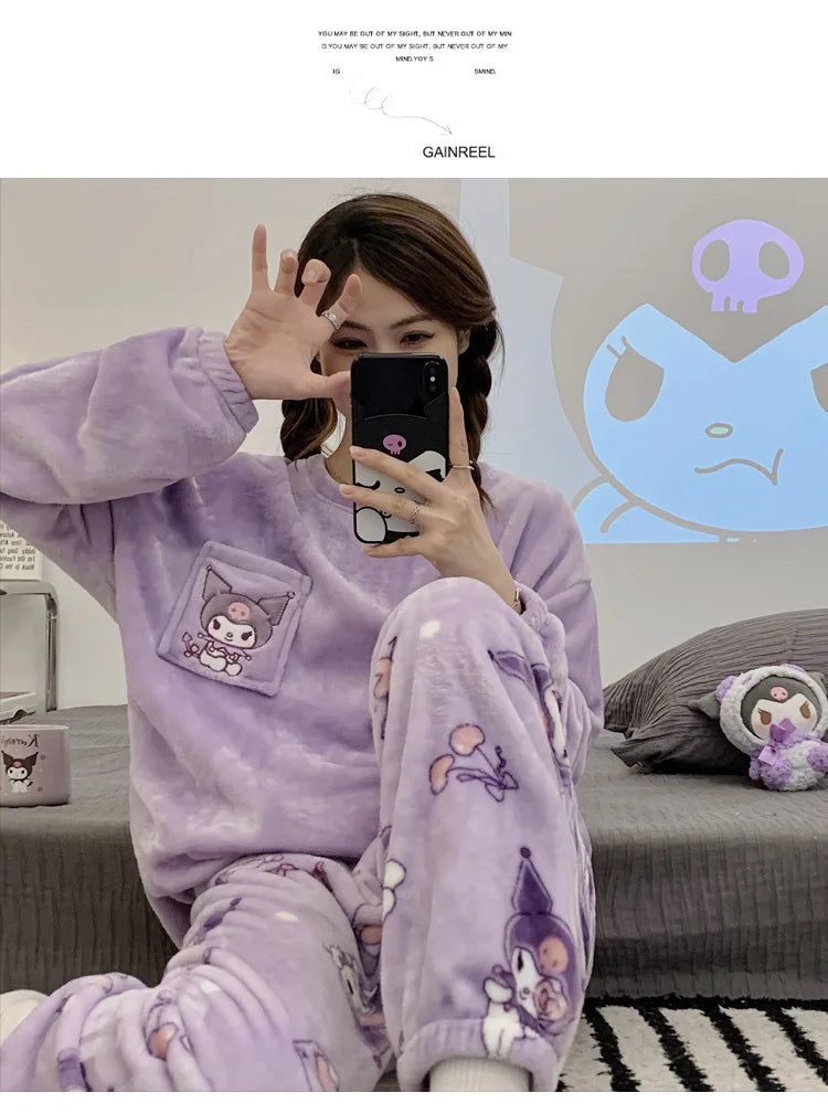 New Sanrio Kuromi Pajama Sets Women Winter Warm Plush Cute Sleepwear Print Pajama Cartoon Home Clothes Valentine'S Day Gift Soft