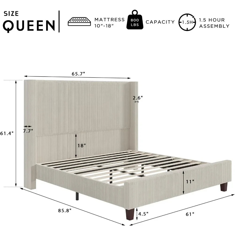 Corduroy Upholstered Bed Frame, Platform Bed with Vertical Stripe Wingback Headboard, No Box Spring Needed