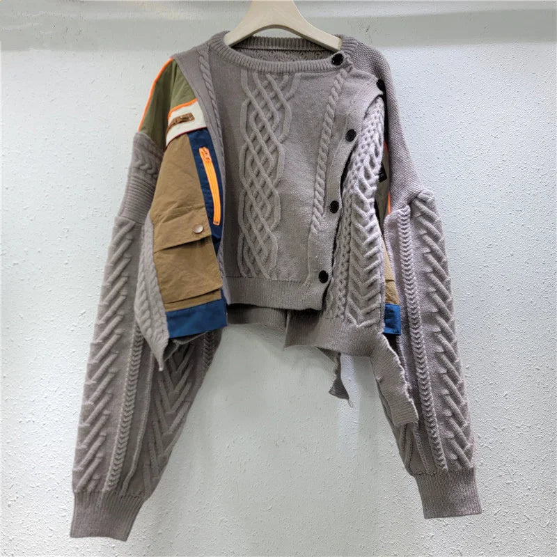 DEAT New Fashion Women's Irregular Patchwork Knitted Sweater 2024 Autumn Trendy Oblique Single Breasted Tops Female 33A2043