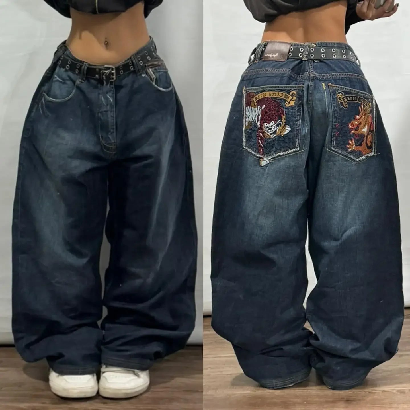 2024 New American Trend Retro Hip-hop Embroidery Pattern Baggy Jeans For Men And Women Y2K Harajuku Gothic Wide Pants Streetwear