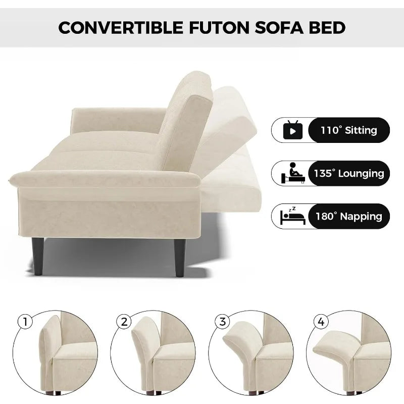 89” Futon Sofa Bed, Velvet Fabric Comfort Sofa Bed with 2 Square Pillows, Convertible Sleeper Sofa