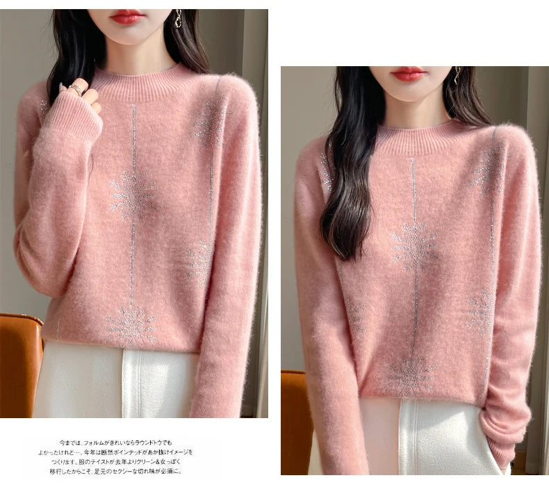 Diamond 100% Merino Wool Sweater 2024 New Women's Fashion Autumn/Winter Warm Hoodie Elegant Half High Collar Jumper Knitted Top