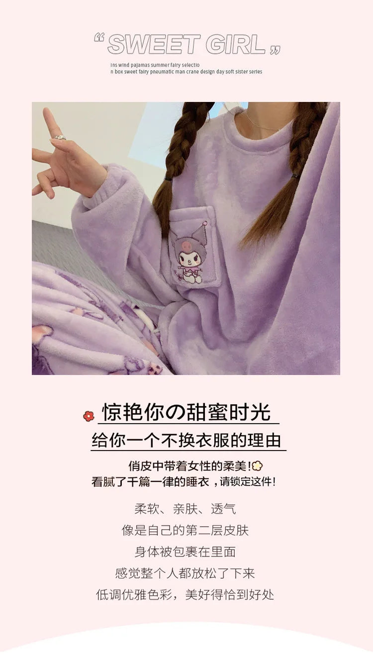 New Sanrio Kuromi Pajama Sets Women Winter Warm Plush Cute Sleepwear Print Pajama Cartoon Home Clothes Valentine'S Day Gift Soft