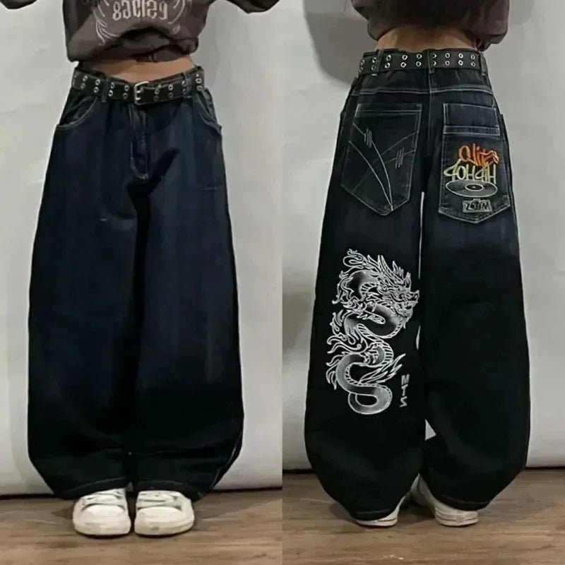 2024 New American Trend Retro Hip-hop Embroidery Pattern Baggy Jeans For Men And Women Y2K Harajuku Gothic Wide Pants Streetwear