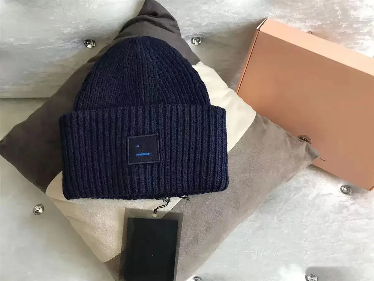 2025Warm and Cozy Knitted Beanie with Square Labels - Scandinavian Style Wool Cold Weather Hat