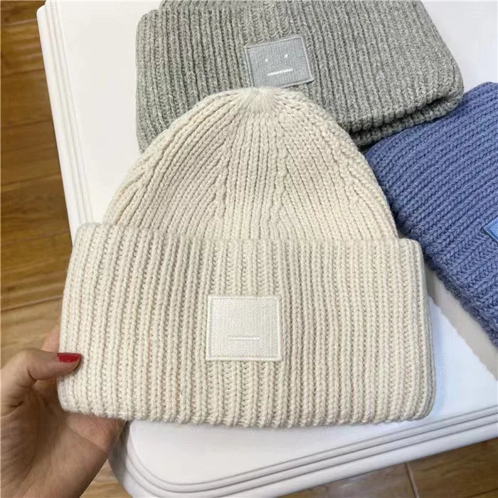 2025Warm and Cozy Knitted Beanie with Square Labels - Scandinavian Style Wool Cold Weather Hat