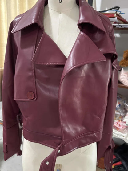 Elegant Turn-Down Collar Leather Jacket