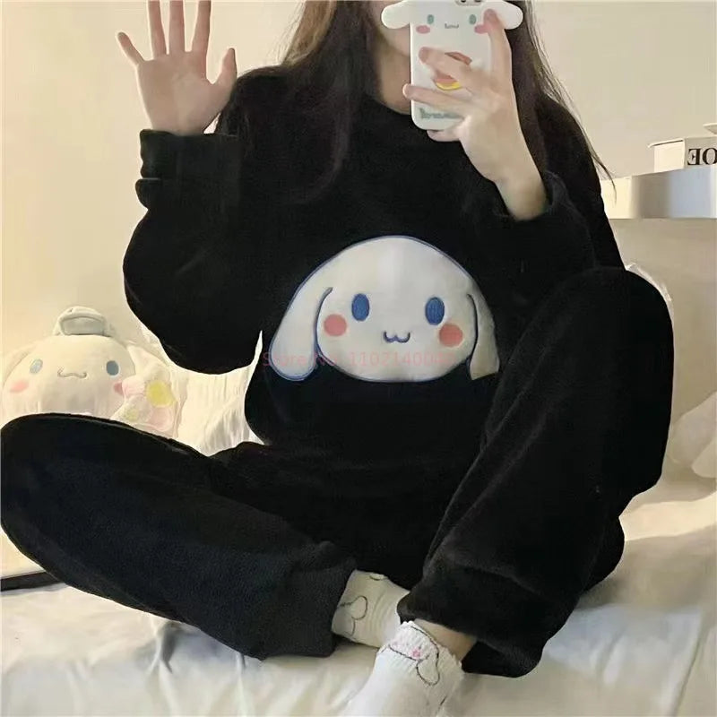 New Sanrio Kuromi Pajama Sets Women Winter Warm Plush Cute Sleepwear Print Pajama Cartoon Home Clothes Valentine'S Day Gift Soft