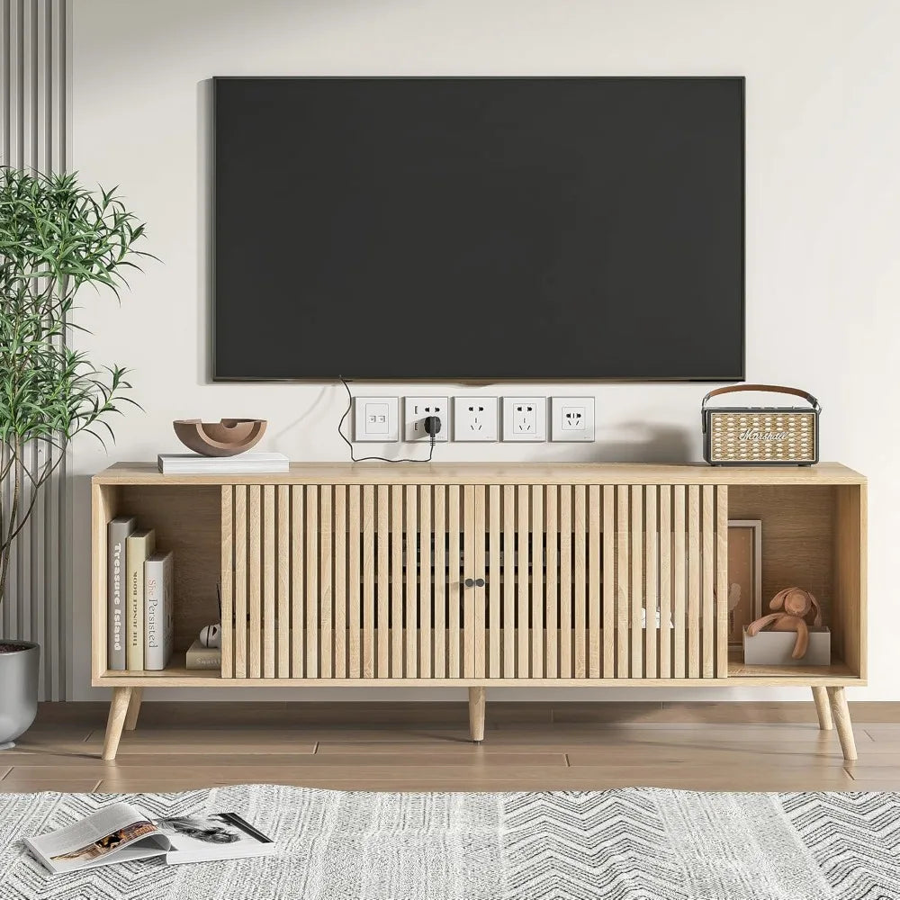 Mid Century Modern TV Stand for Televisions , with Sliding Doors and Storage, Television Stands, TV Consoles,
