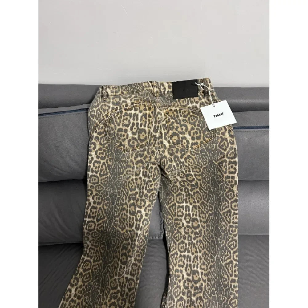 American Retro Leopard High Waist Baggy Jeans Women's Casual Pockets Hip-hop Pants 2024 Spring Y2K Oversiz Panther Denim Trouser