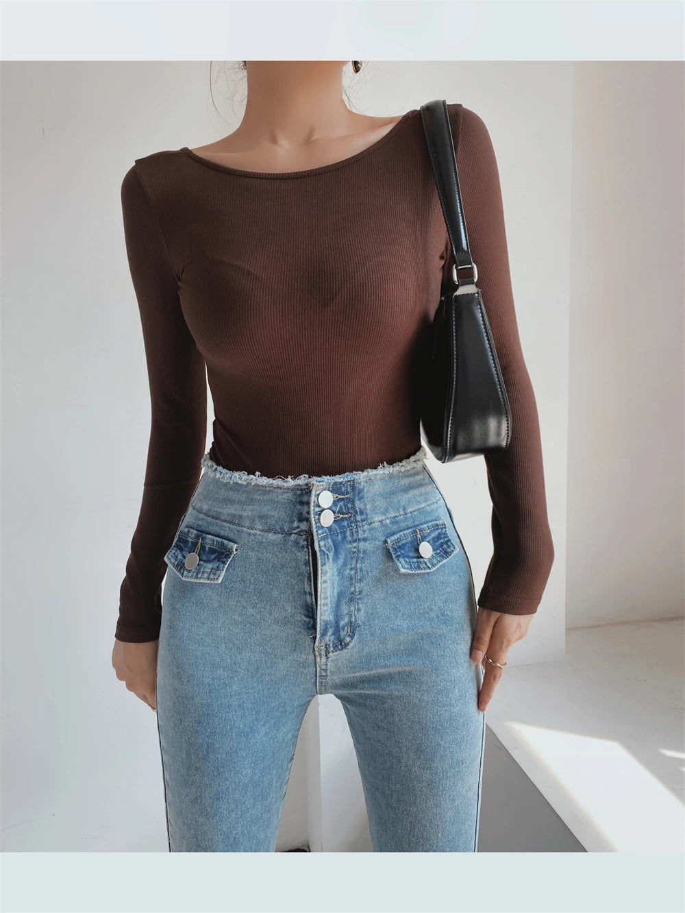 Women's Sexy Clothing Long-sleeve Solid Color Pullover One-Line Neck Backless Bodysuit Knitted Jumpsuit Top