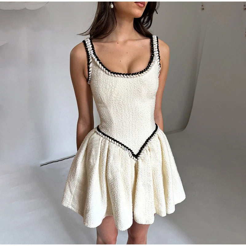 Elegant Sleeveless Patchwork Short Dresses Women Sexy Low Out Slim Sling Pleated Dress Lady Chic High Street Party Vestidos