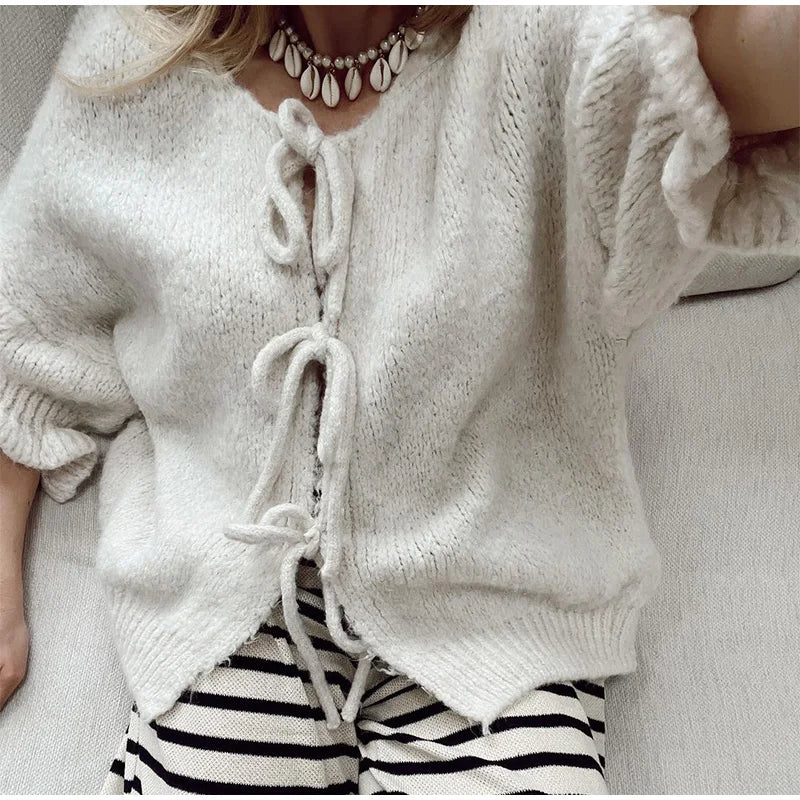 Bow Lace Up Hollow Out Knitted Cardigan Women Sweater Fashion O-neck Fungus Half Sleeve Sweaters Female Office 2024 Autumn Top