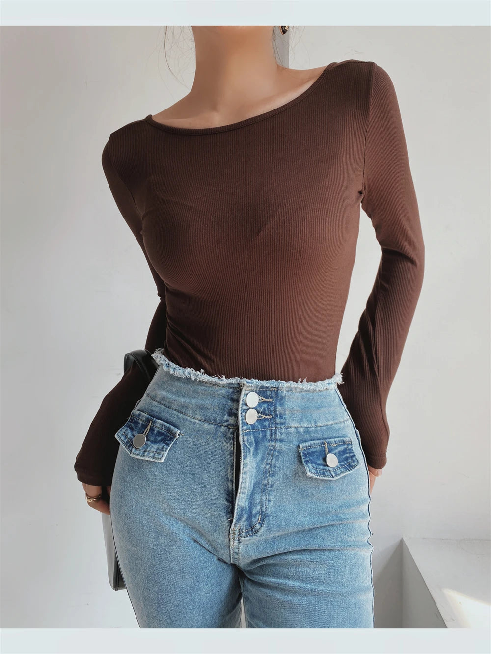 Women's Sexy Clothing Long-sleeve Solid Color Pullover One-Line Neck Backless Bodysuit Knitted Jumpsuit Top