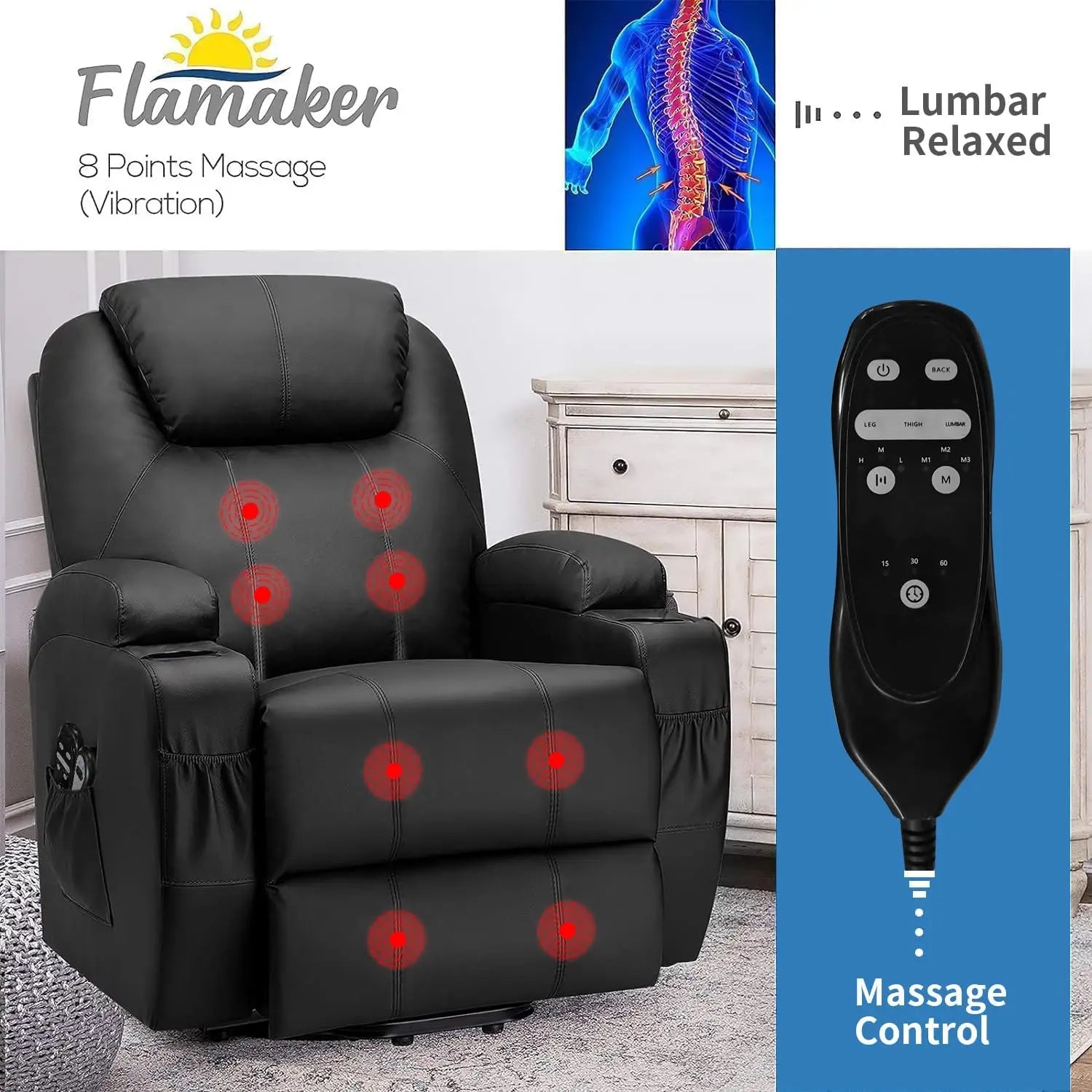 Power Lift Recliner Sofas with Massage, Ergonomic Lounge Chair Classic Single Sofa with 2 Cup Holders Side Pockets Theater Seat