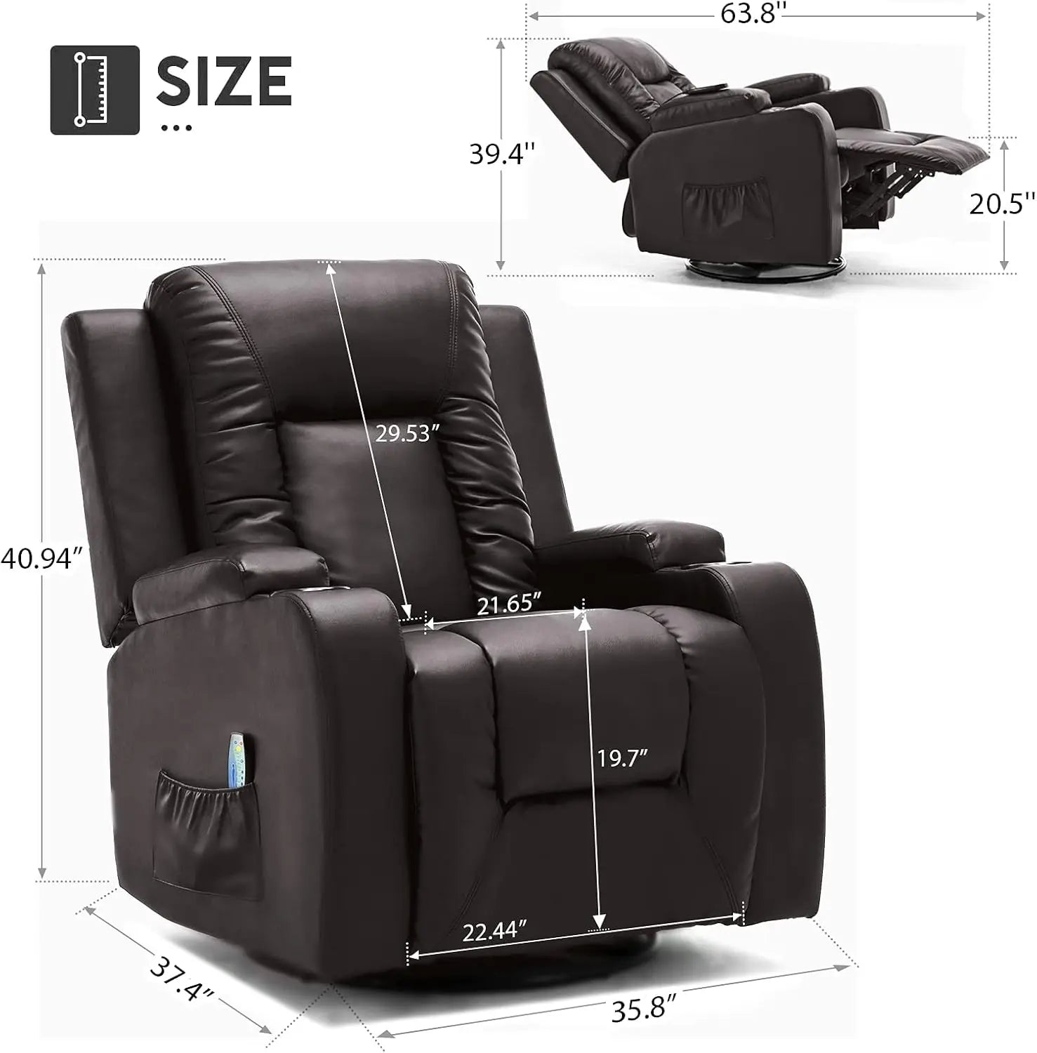 Recliner Chair, PU Rocking Chair for Adults, Swivel Recliner with Cup Holders, Heat and Massage, Single Sofa Seat