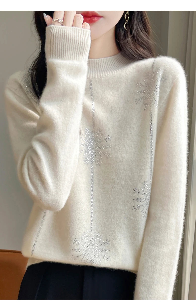 Diamond 100% Merino Wool Sweater 2024 New Women's Fashion Autumn/Winter Warm Hoodie Elegant Half High Collar Jumper Knitted Top