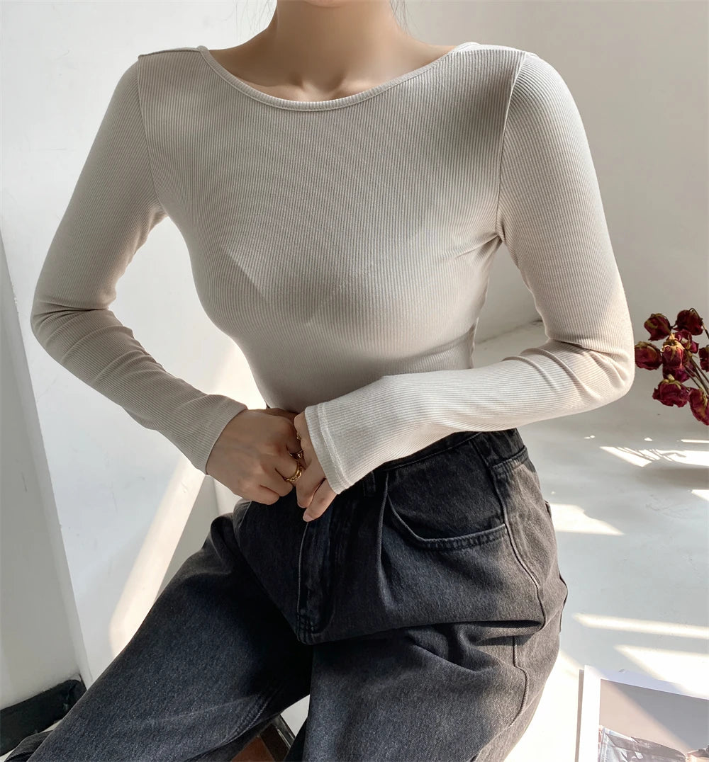 Women's Sexy Clothing Long-sleeve Solid Color Pullover One-Line Neck Backless Bodysuit Knitted Jumpsuit Top