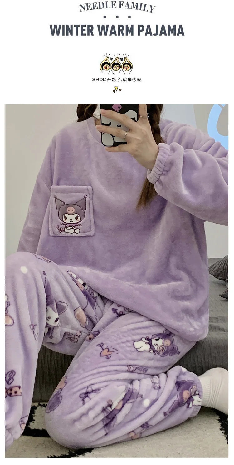 New Sanrio Kuromi Pajama Sets Women Winter Warm Plush Cute Sleepwear Print Pajama Cartoon Home Clothes Valentine'S Day Gift Soft