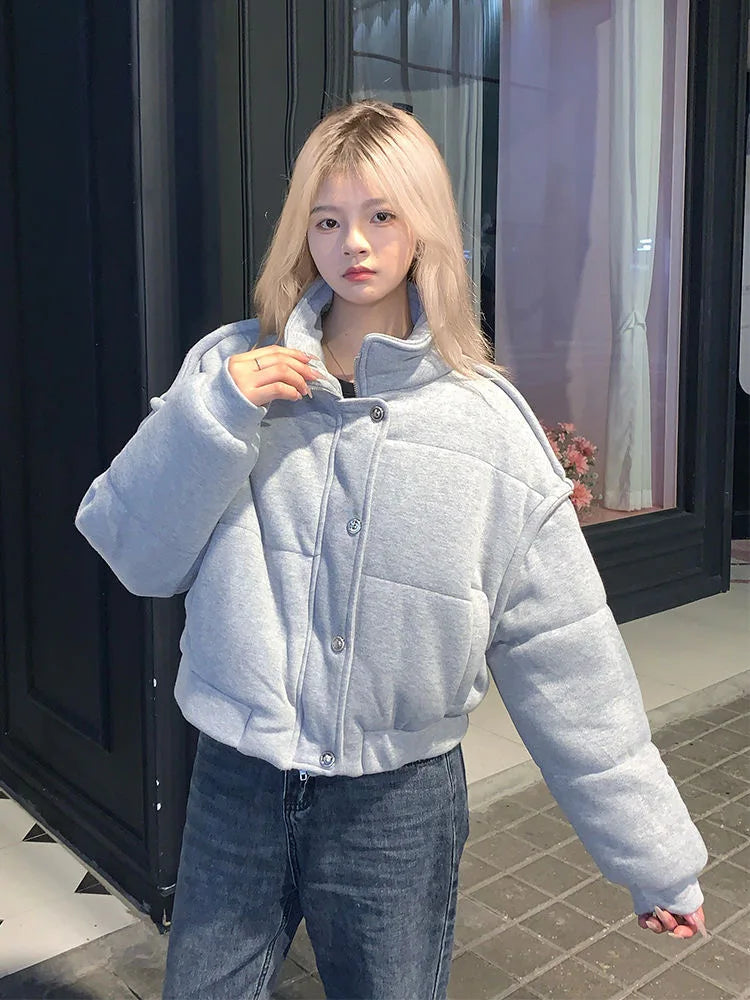 Korean Style High-end Short Gray Cotton Parkas Loose  Warm Thickened Stand Collar Outwear 2023 New Winter Coat Women