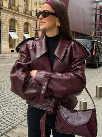 Elegant Turn-Down Collar Leather Jacket