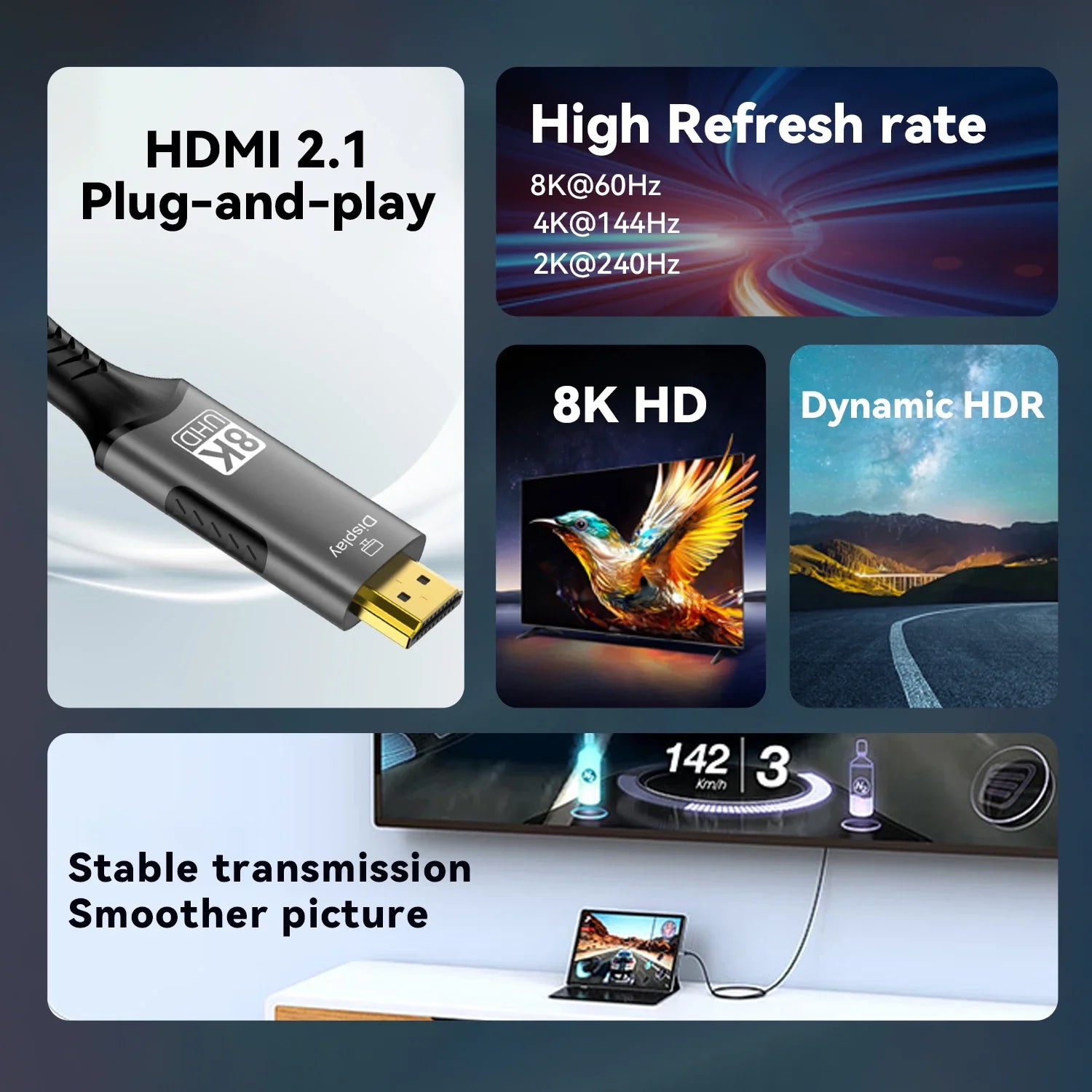 8k@60hz USB C to HDMI cable 4k@120hz Type C to HDMI 2.1 Thunderbolt 4 Compatible HDTV Cable for PC MacBook Pro HUAWEI