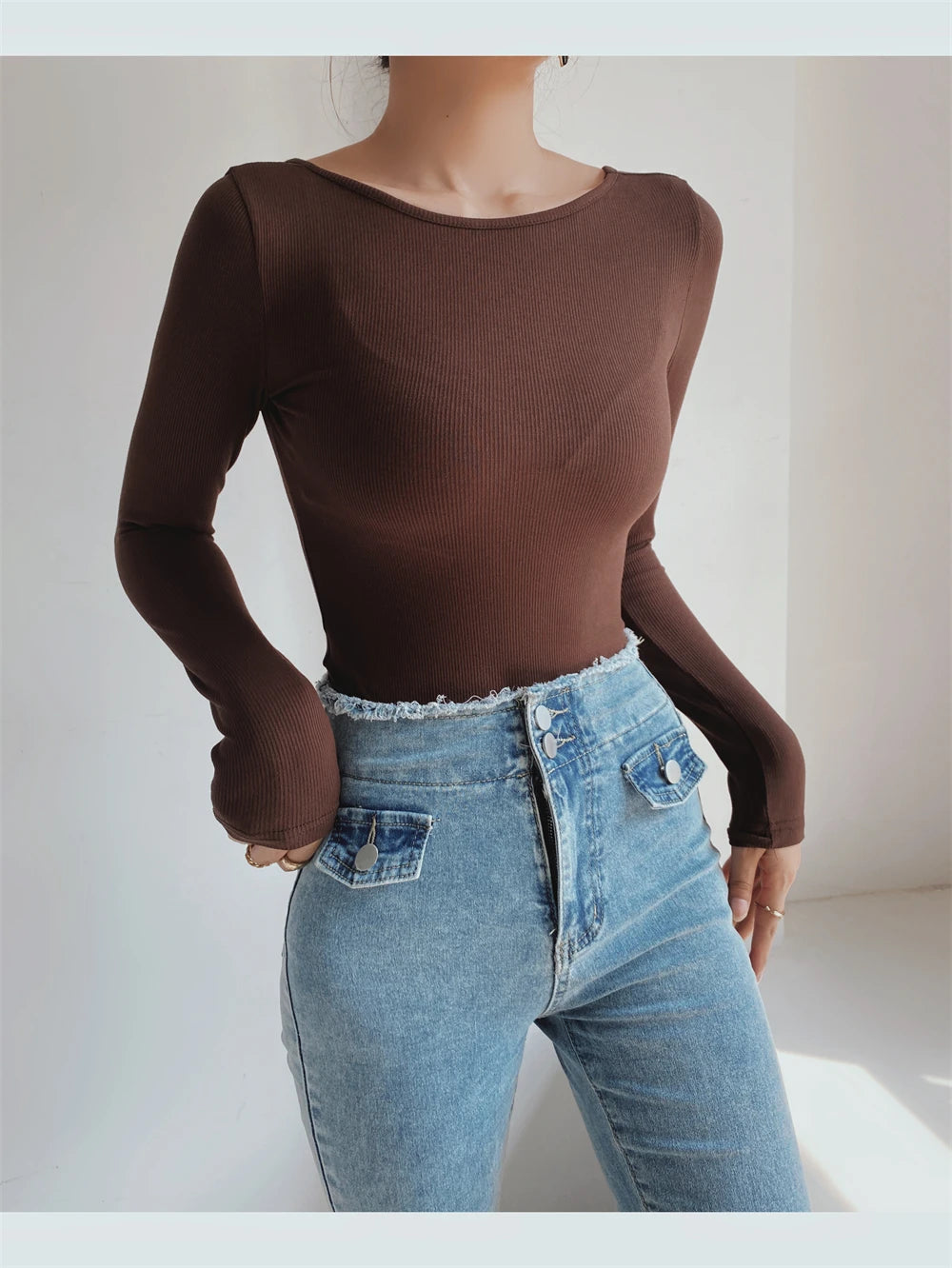 Women's Sexy Clothing Long-sleeve Solid Color Pullover One-Line Neck Backless Bodysuit Knitted Jumpsuit Top