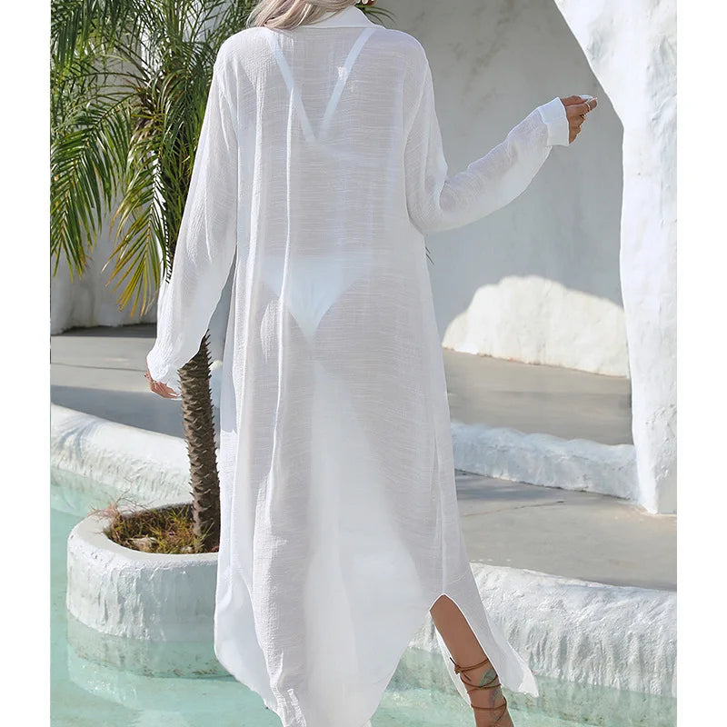 Sunscreen White Long Shirts Bikini Cover-up Women Summer Long Sleeve Lapel Button down Beach Dress Swimwear Smock Long Tops