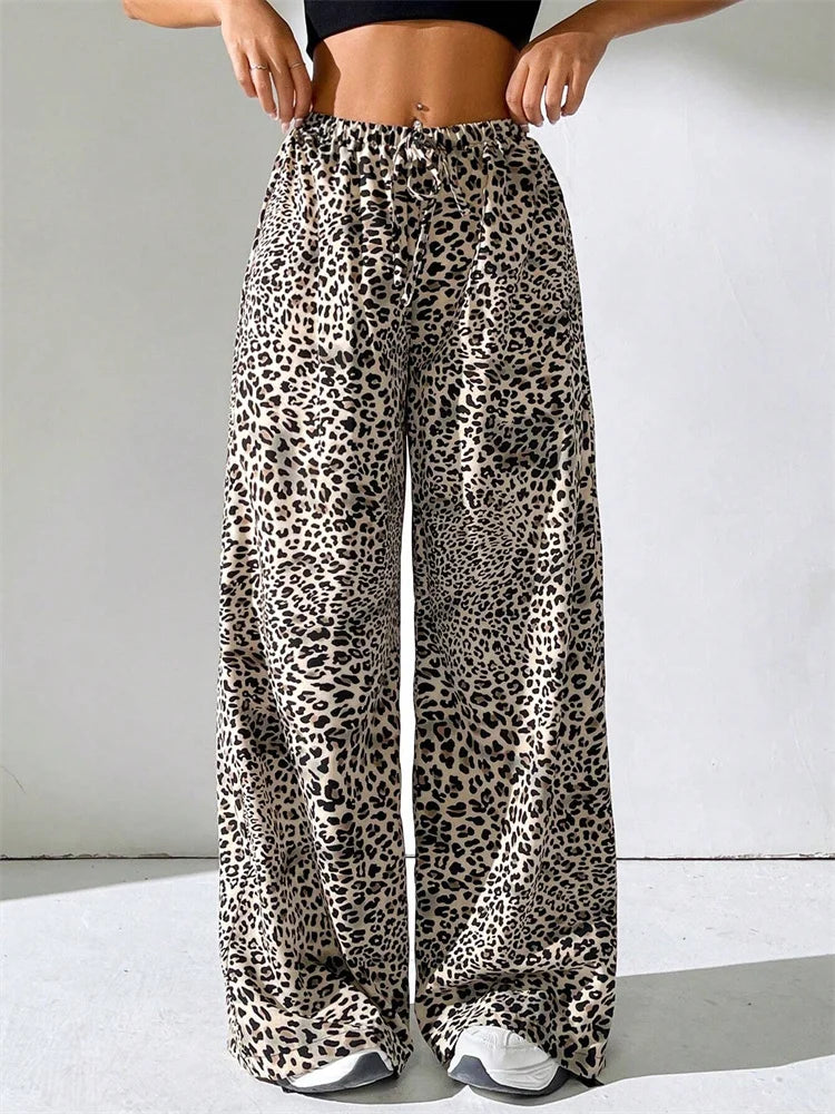 Women's Leopard Printed Drawstring Long Pants Autumn Winter 2024 Vintage Drawstring Elastic Waist Loose Trousers Streetwear