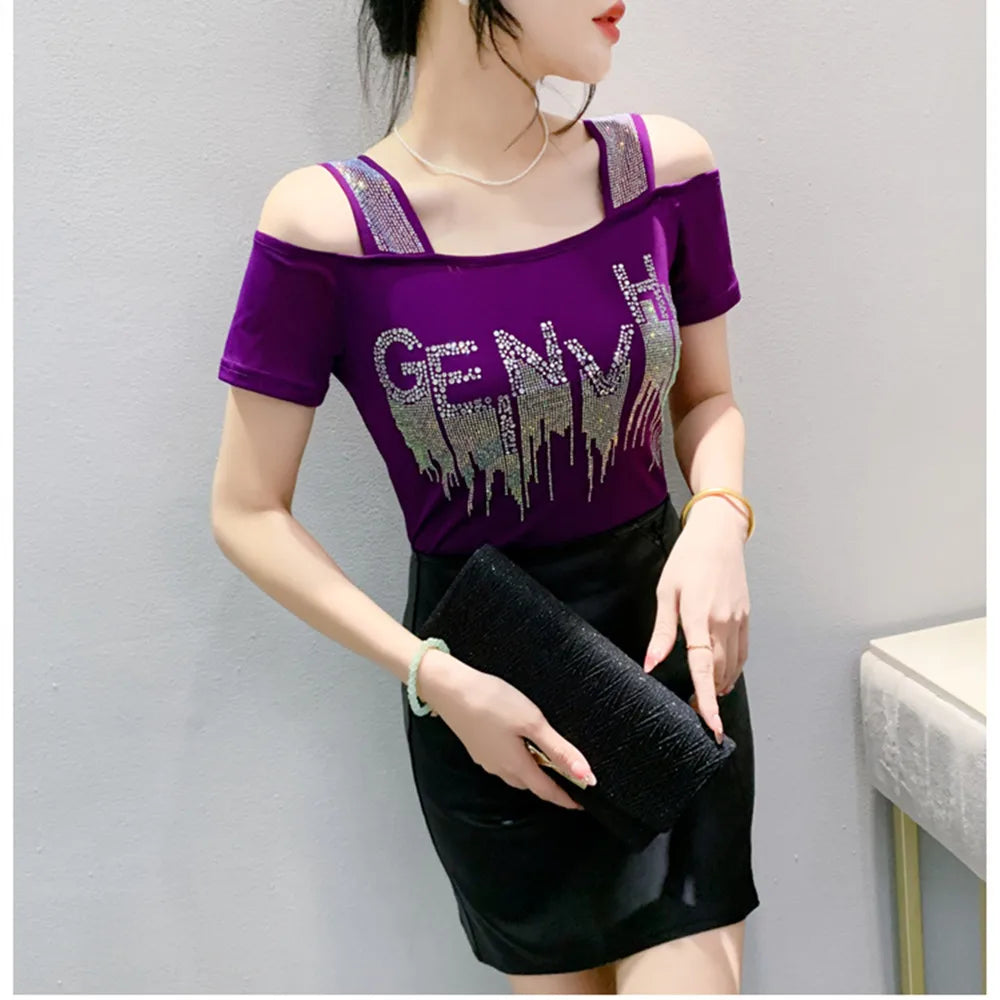 M-3XL Summer New Women's Letter Hot Diamonds T-shirt Clothes Sexy Off Shoulder Short Sleeve Tops Luxury Girl Mesh Slim Tees 2024