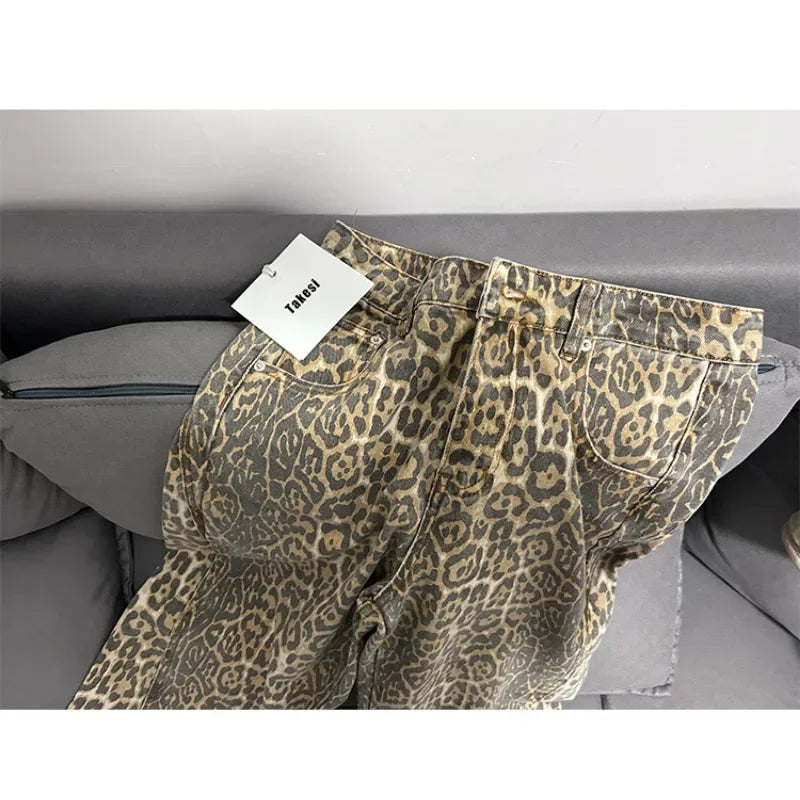 American Retro Leopard High Waist Baggy Jeans Women's Casual Pockets Hip-hop Pants 2024 Spring Y2K Oversiz Panther Denim Trouser