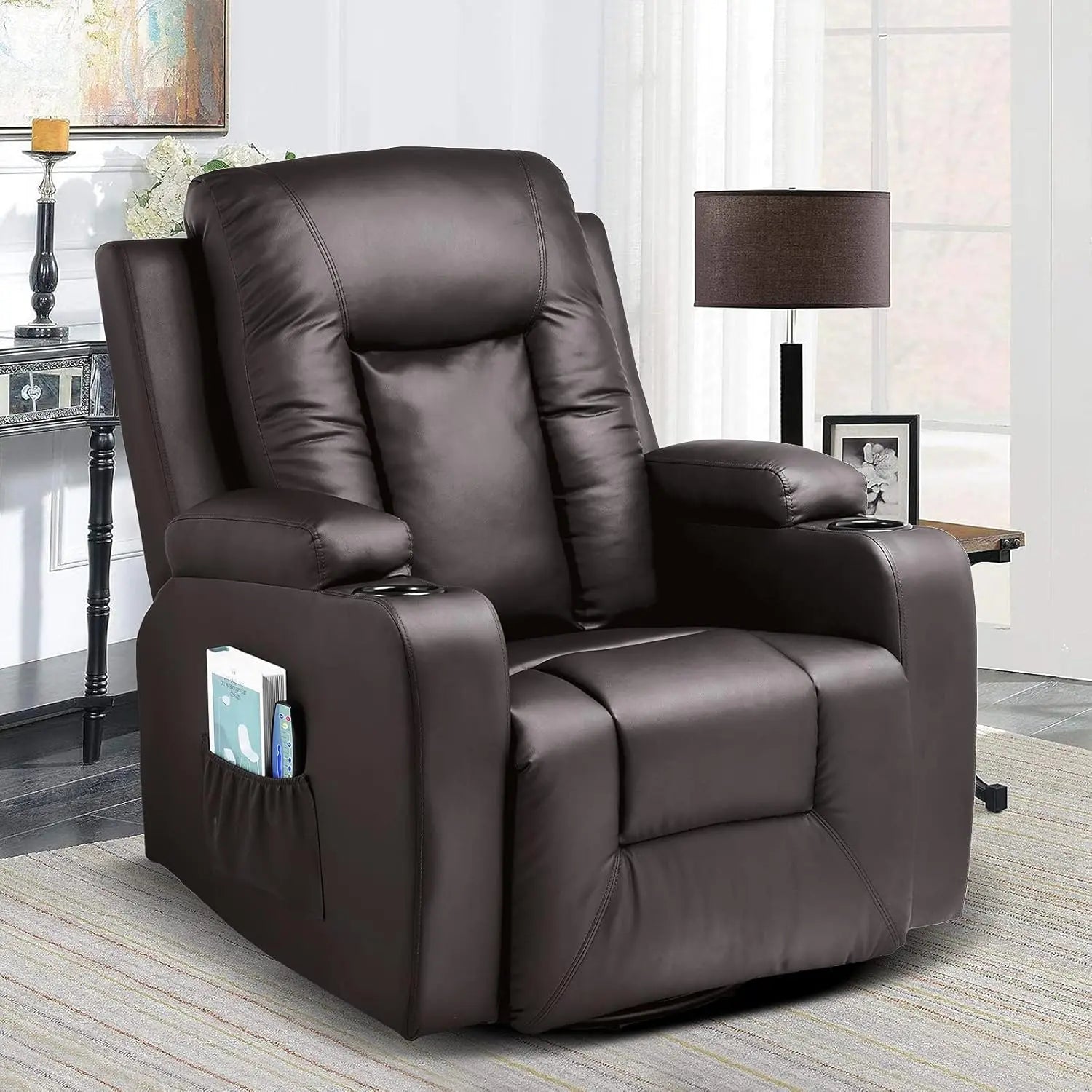 Recliner Chair, PU Rocking Chair for Adults, Swivel Recliner with Cup Holders, Heat and Massage, Single Sofa Seat