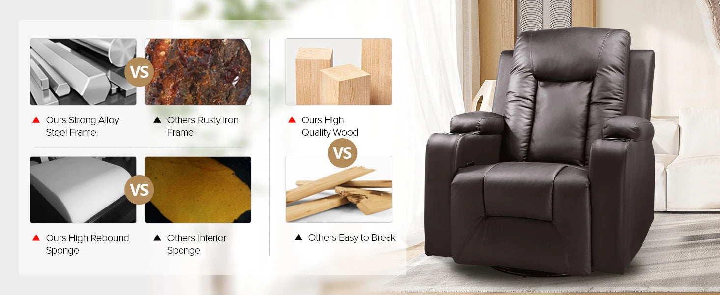 Recliner Chair, PU Rocking Chair for Adults, Swivel Recliner with Cup Holders, Heat and Massage, Single Sofa Seat