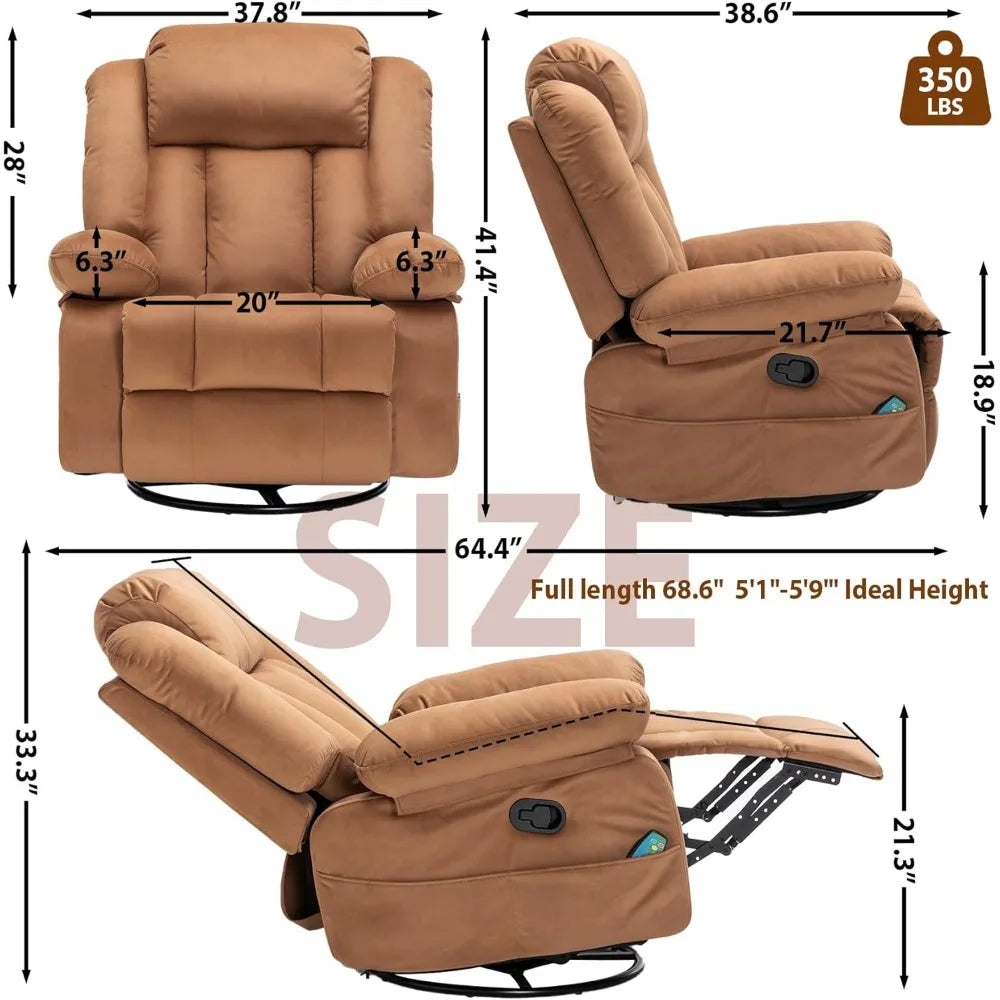 Rocker Recliner Chairs with Massage & Heat,360°Swivel Glider Nursery Manual Overstuffed Reclining Chair for Living Room