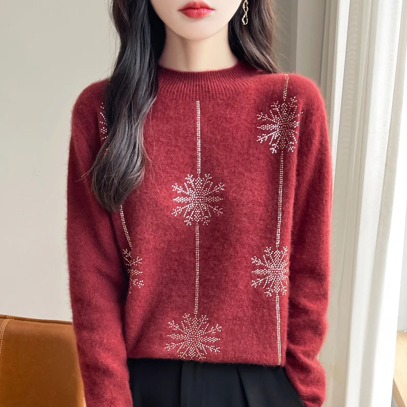 Diamond 100% Merino Wool Sweater 2024 New Women's Fashion Autumn/Winter Warm Hoodie Elegant Half High Collar Jumper Knitted Top