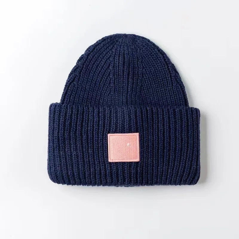 2025Warm and Cozy Knitted Beanie with Square Labels - Scandinavian Style Wool Cold Weather Hat
