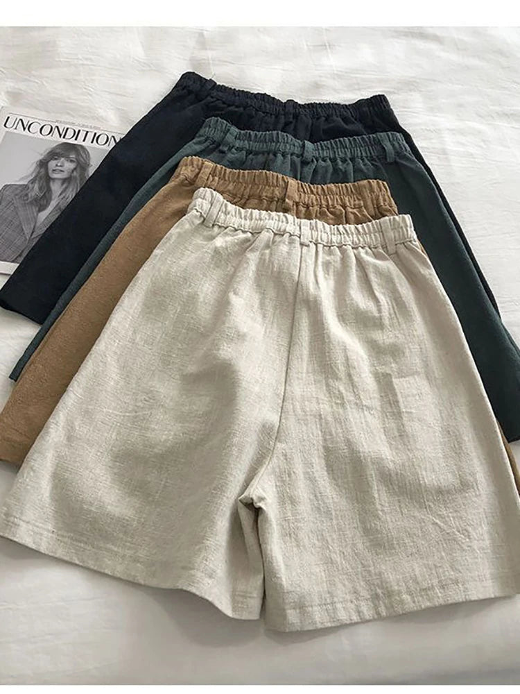 Fitshinling Line Cotton Shorts For Women 2024 New In Fashion Vintage High Waist Short Femme Clothing Solid Slim Pleated Pants