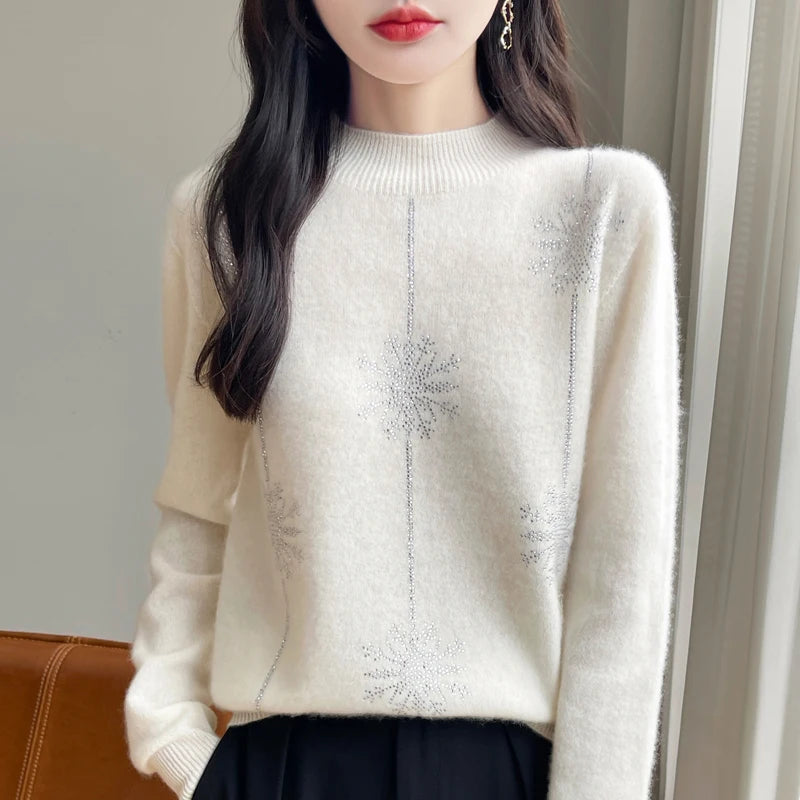 Diamond 100% Merino Wool Sweater 2024 New Women's Fashion Autumn/Winter Warm Hoodie Elegant Half High Collar Jumper Knitted Top