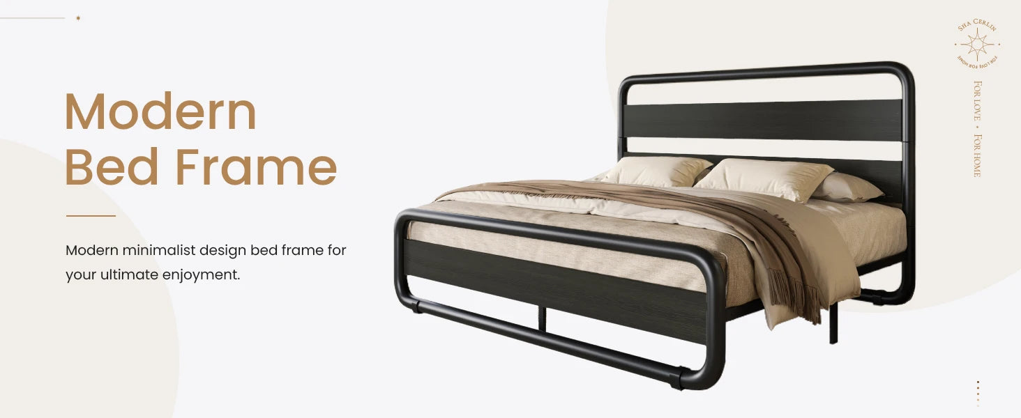 Queen Size Metal Bed Frame with Wooden Headboard , Heavy Duty Oval-Shaped Platform Bed with Under-Bed St