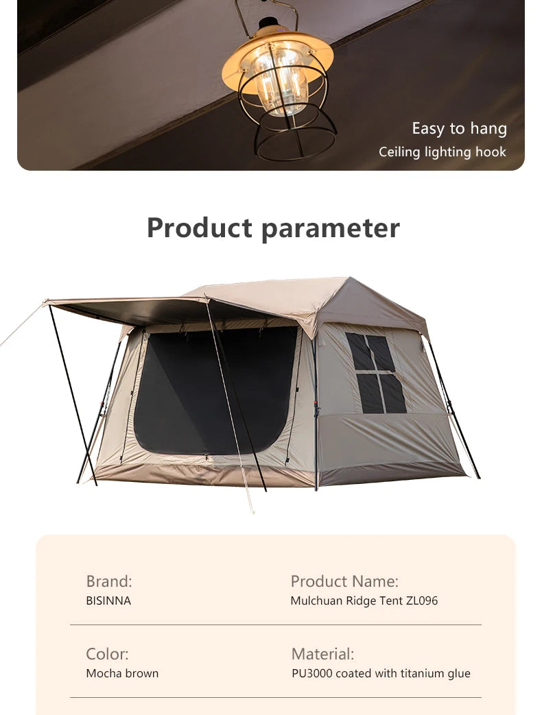 BISINNA One-touch Ridge Type Tent Titanium Glue 3-4 Person Outdoor Automatic Camping Family Tent