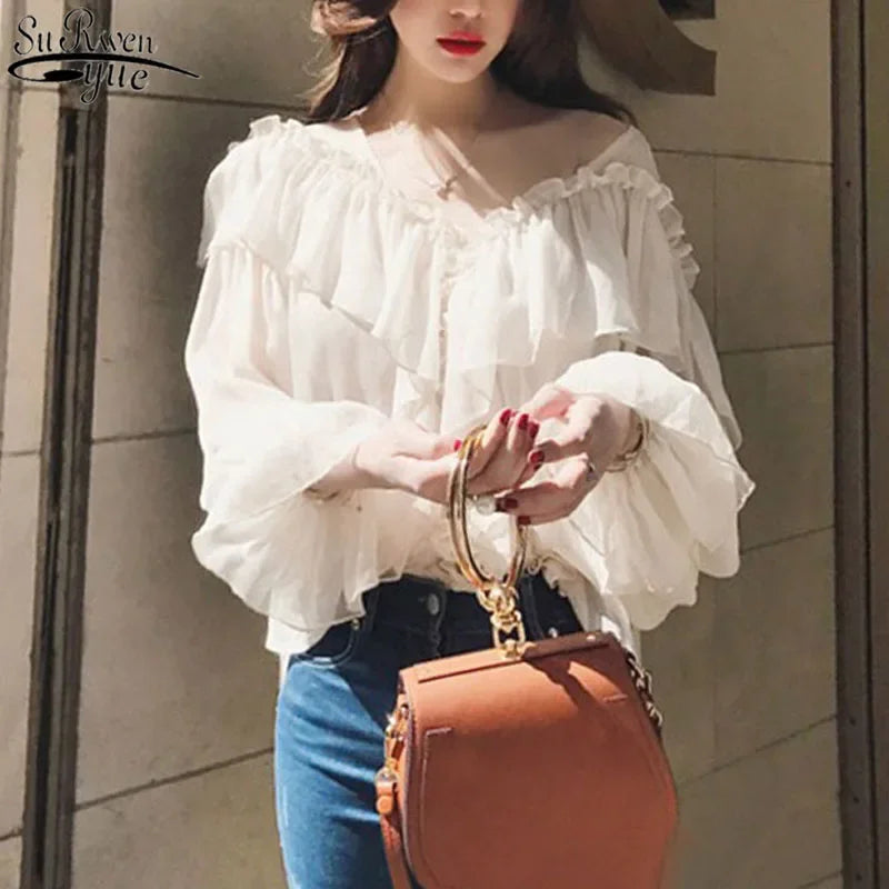 Women Shirt Classic Chiffon Blouse S-4XL Plus Size Loose Long Sleeve Shirt Lady Simple Style Tops Female Clothes New Blusas 6830