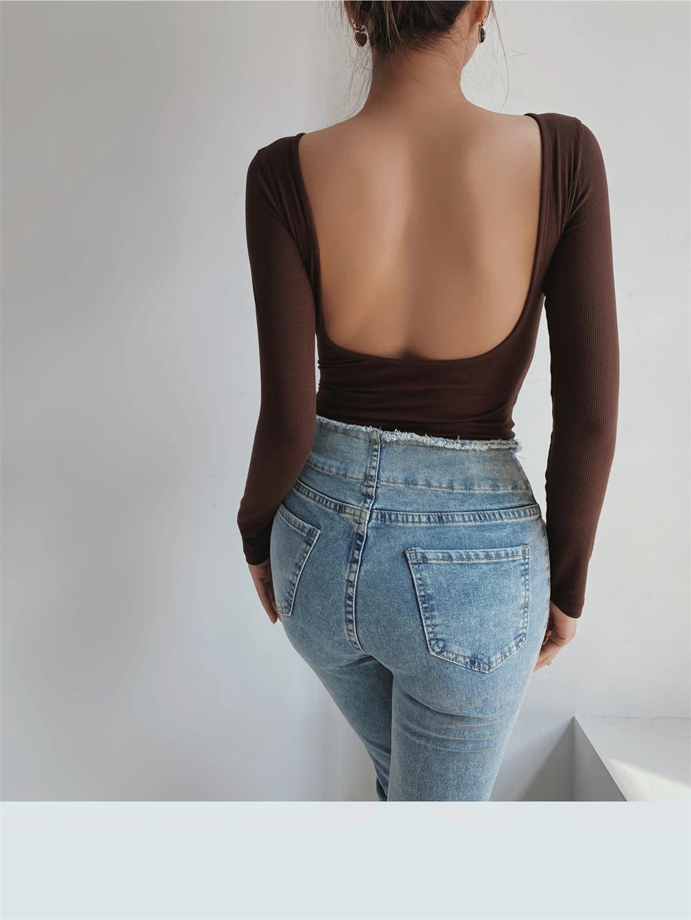 Women's Sexy Clothing Long-sleeve Solid Color Pullover One-Line Neck Backless Bodysuit Knitted Jumpsuit Top