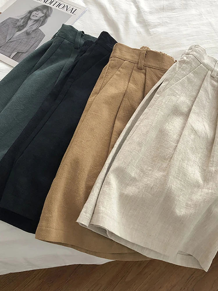 Fitshinling Line Cotton Shorts For Women 2024 New In Fashion Vintage High Waist Short Femme Clothing Solid Slim Pleated Pants
