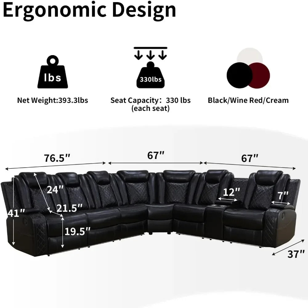 Recliner Sofas, Power Recliner Sofa Sectional Couches with LED, Leather Reclining Corner Sectional Sofa Set, Sofa Reclinable