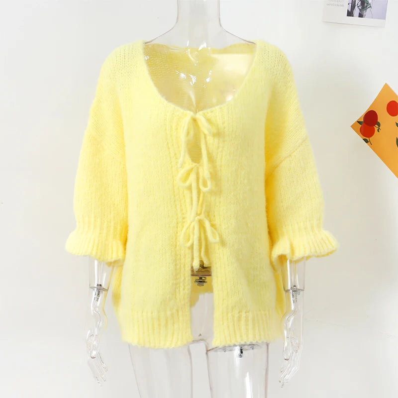 Bow Lace Up Hollow Out Knitted Cardigan Women Sweater Fashion O-neck Fungus Half Sleeve Sweaters Female Office 2024 Autumn Top