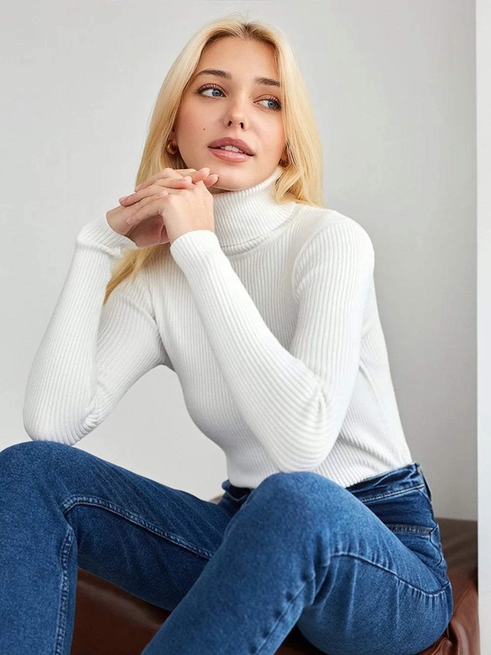 Basic Mock Neck Ribbed Sweaters for Women Cute Sexy Knitted Autumn Winter Warm Fitted Fashion Pullover Sweater